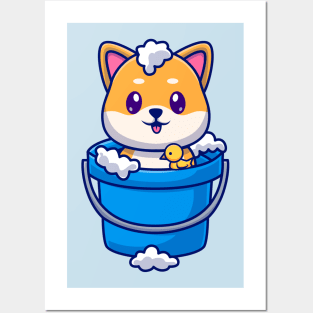 Cute Shiba Inu Bathing In Bucket With Bubble Cartoon Posters and Art